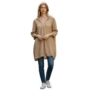 Made in Italy 100% Linen Tunic Shirt | Tan Brown V-Neck 3/4 Sleeve Pockets